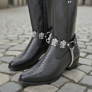 Women Men Western Black Shoe Strap Rose Flower Biker Boot Pair Chain Wrap Around